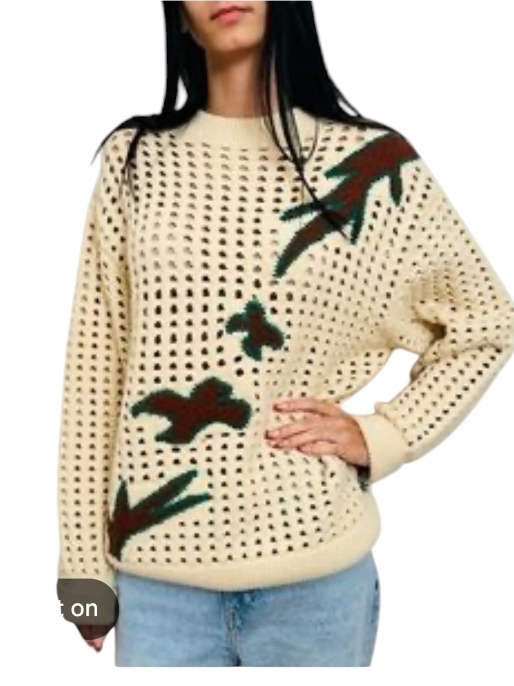ZARA Beige Open Knit Bird Sweater Size Medium Crochet Boho Fall